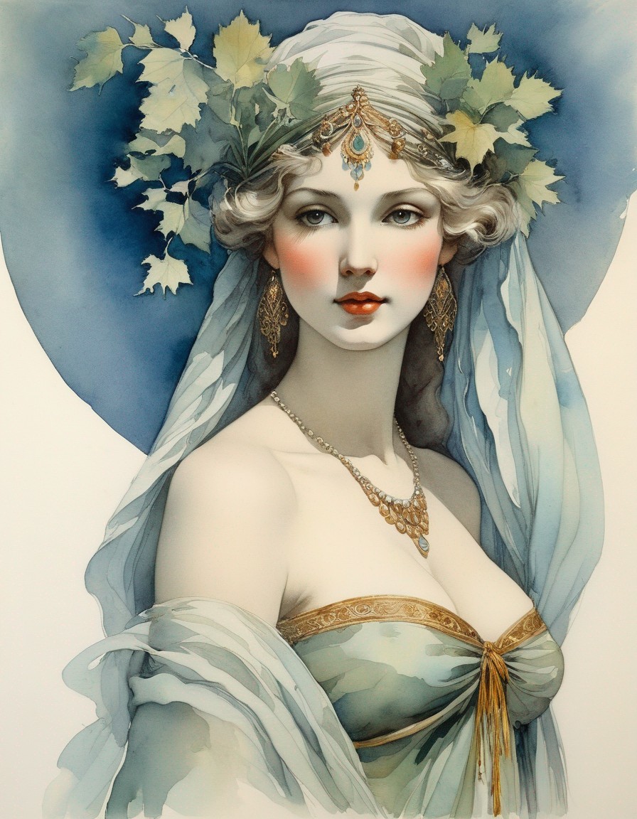 Portrait of woman with leafy headdress & jeweled headpiece, wearing sheer shawl & golden