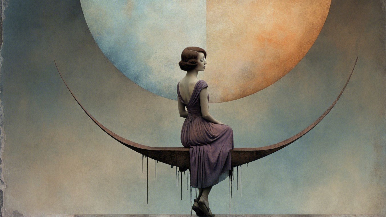 Serene figure on crescent moon in dreamlike landscape