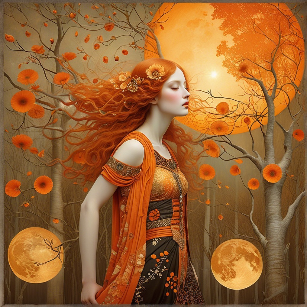 Serene figure in orange gown under full moon setting