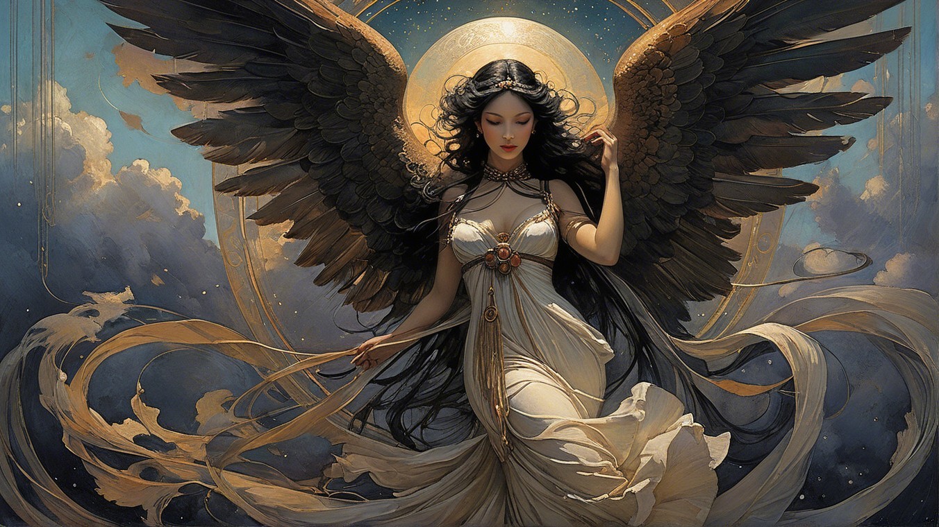 Majestic figure with wings in a celestial setting