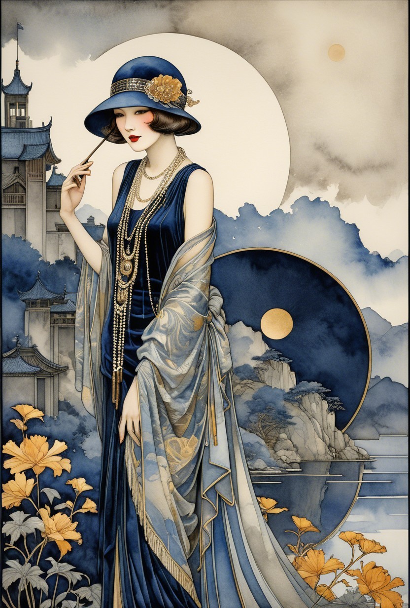 Elegant Woman in Blue Gown with Scenic Backdrop