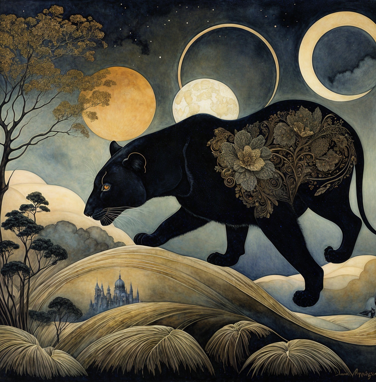 Black Panther Among Moons and Enchanted Landscape
