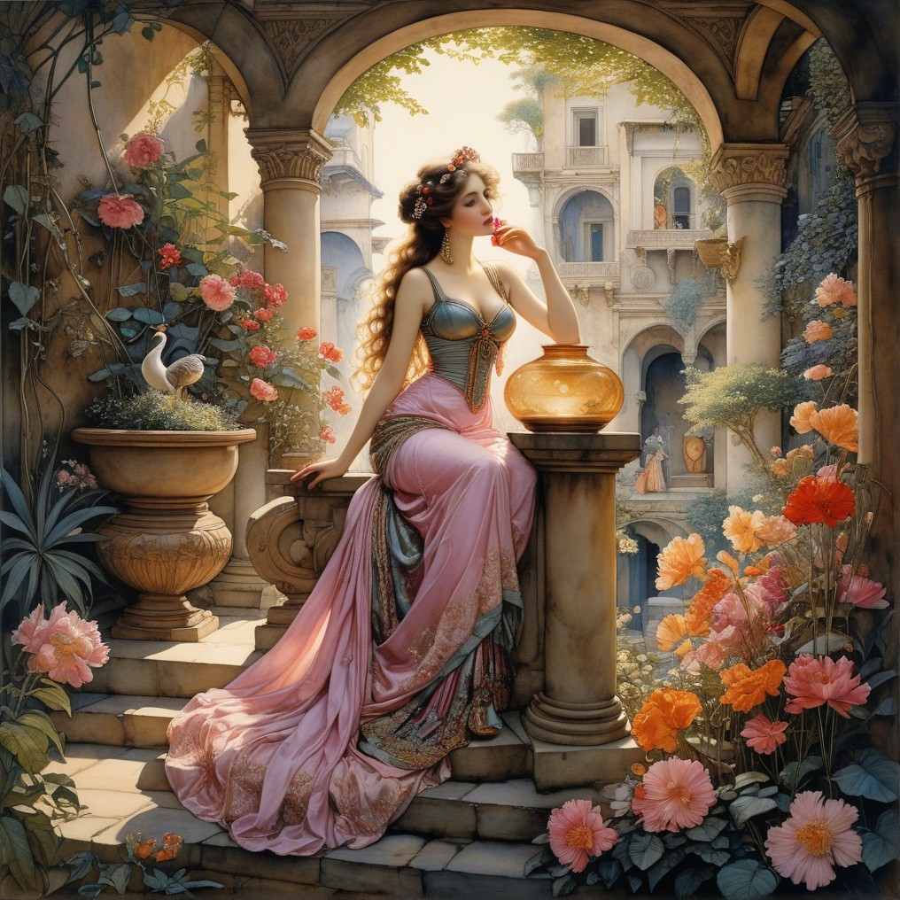 Elegant woman in pink gown by flower-filled courtyard