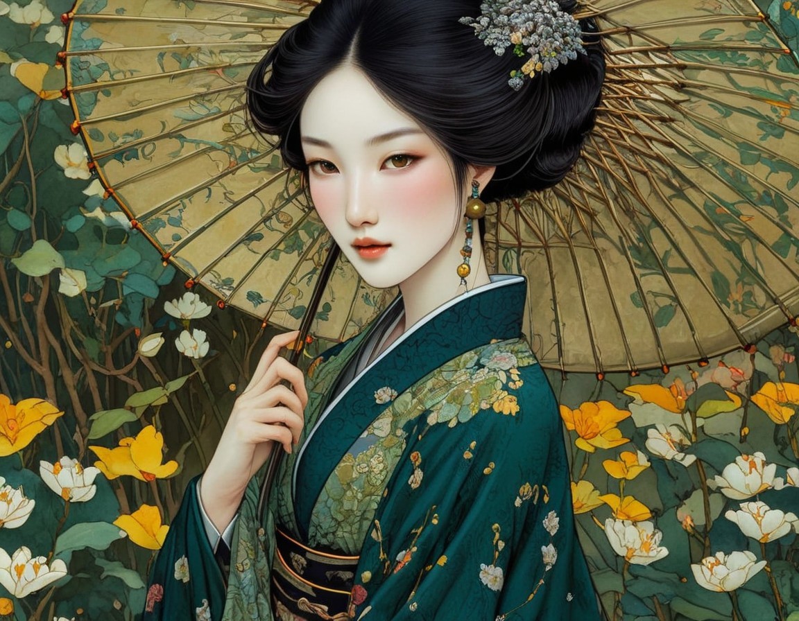Illustration of a woman in East Asian attire with umbrella