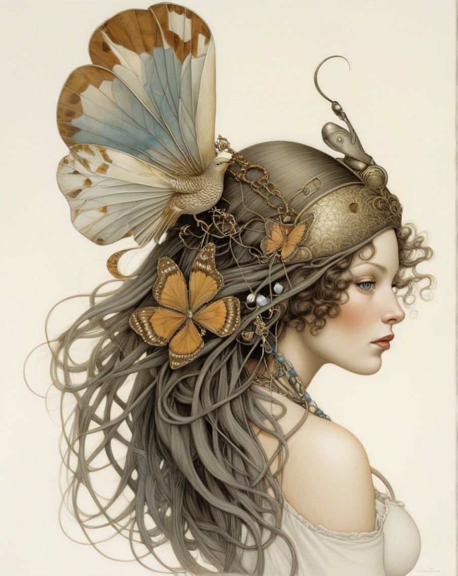 Profile of a Woman with Gray Hair and Butterflies