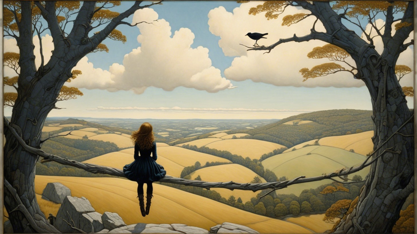 Young girl in dark dress on branch with scenic view