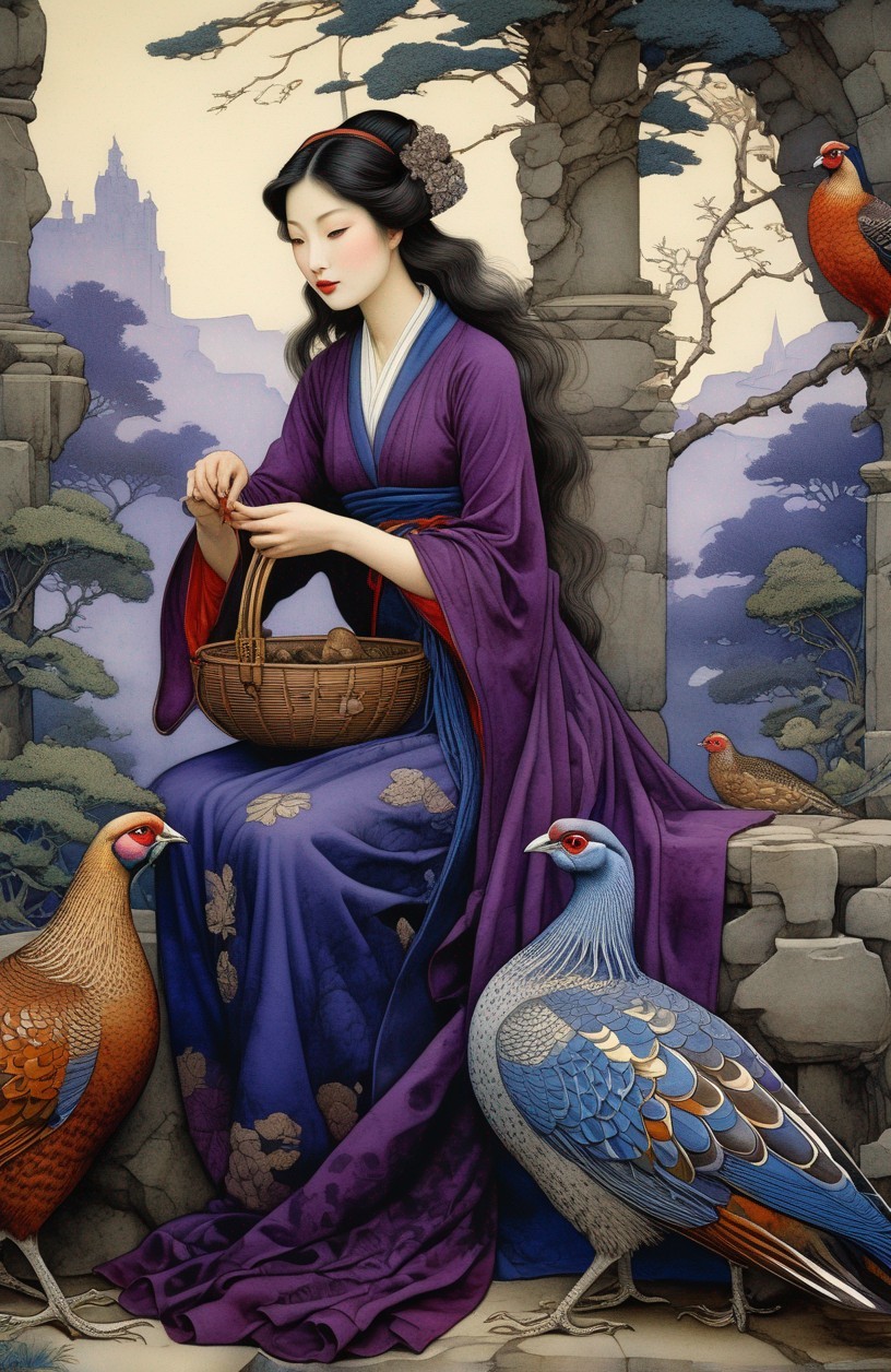 Elegant Woman in Traditional Attire with Pheasants