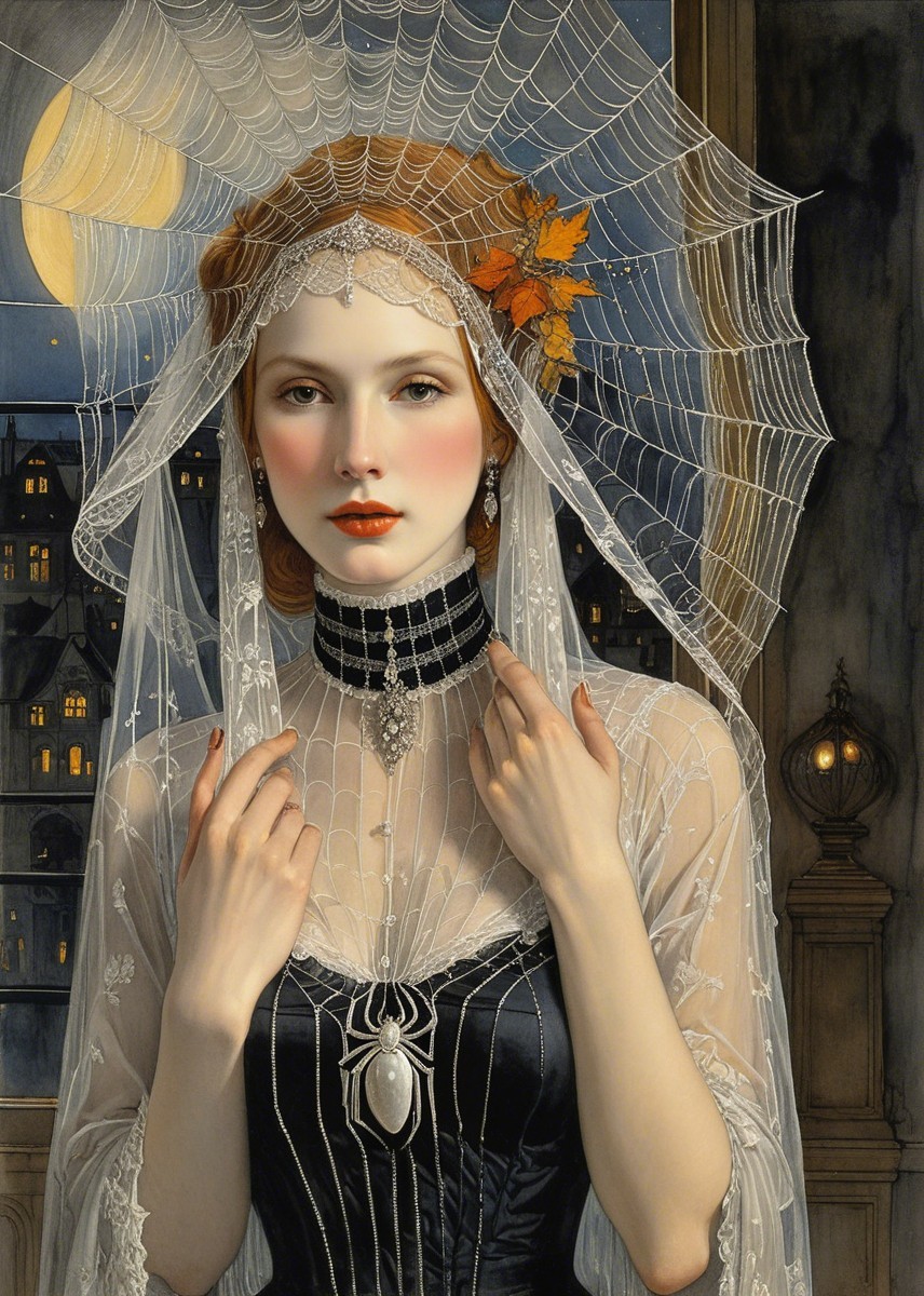 Elegant Woman in Black Gown with Gothic Elements