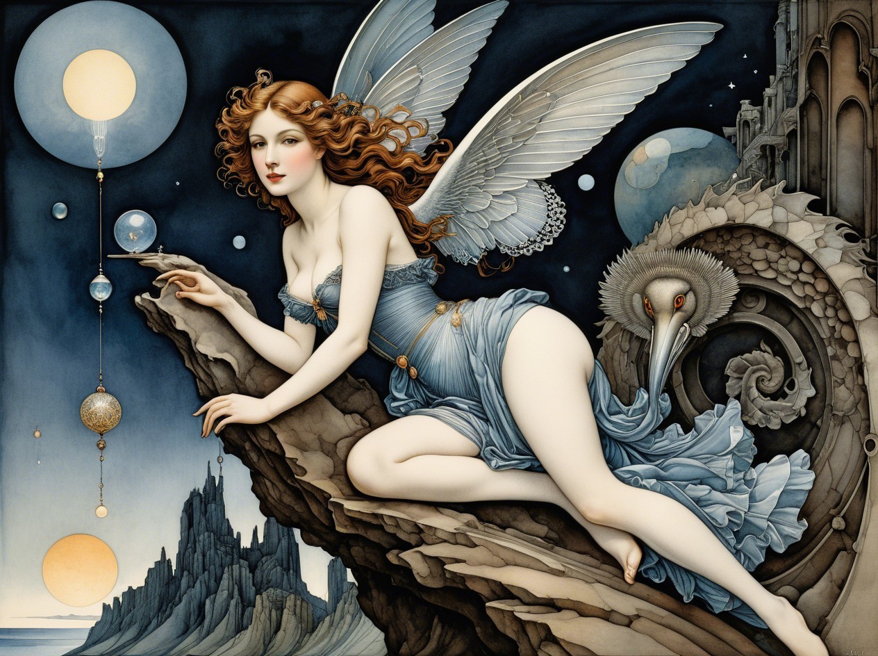 Elegant red-haired fairy in a serene night setting