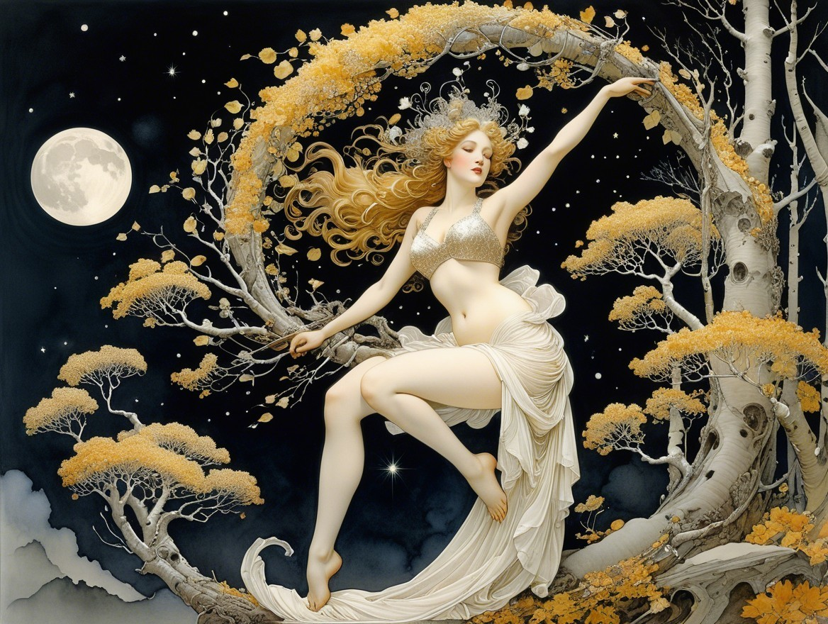 Mystical figure dancing under a starry night sky