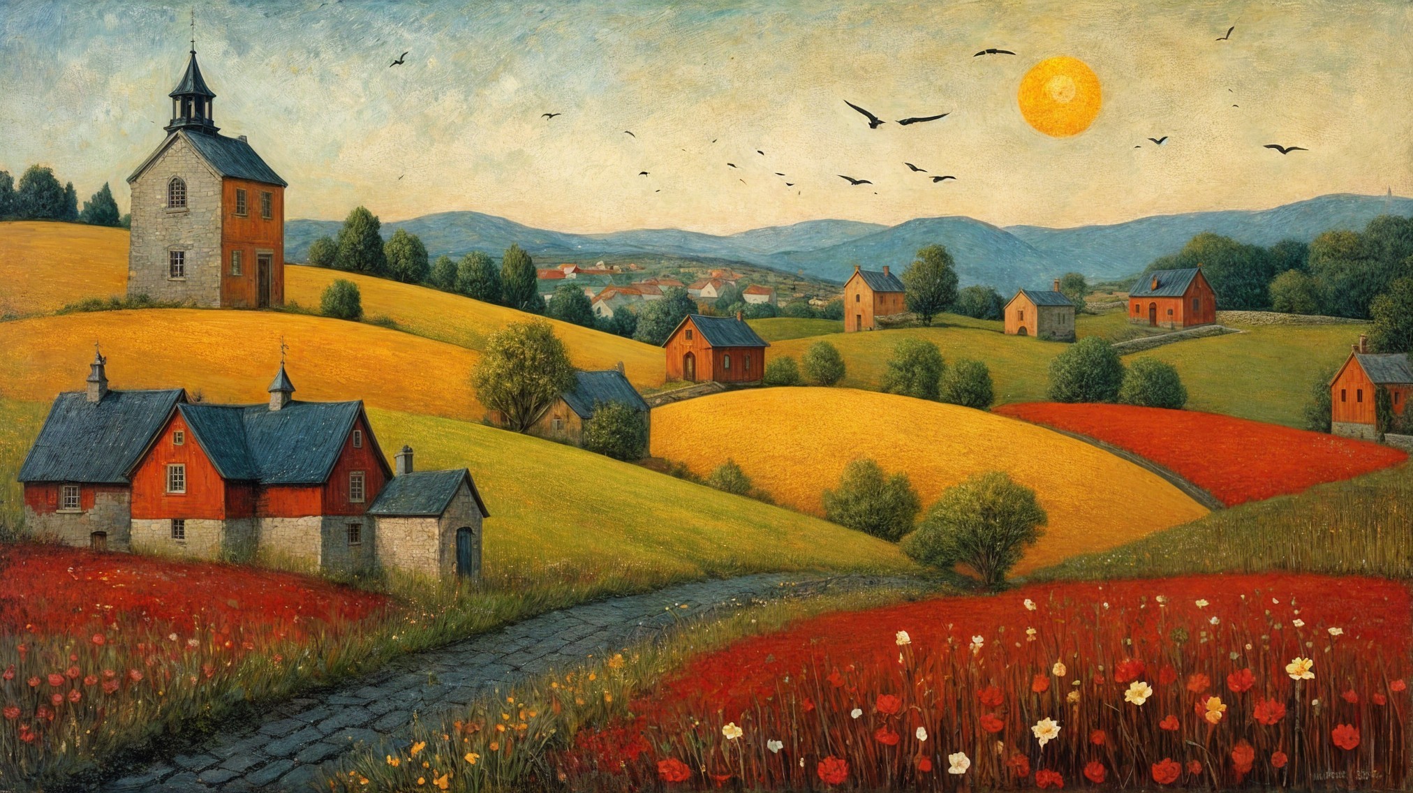 Serene countryside landscape with vibrant flower fields