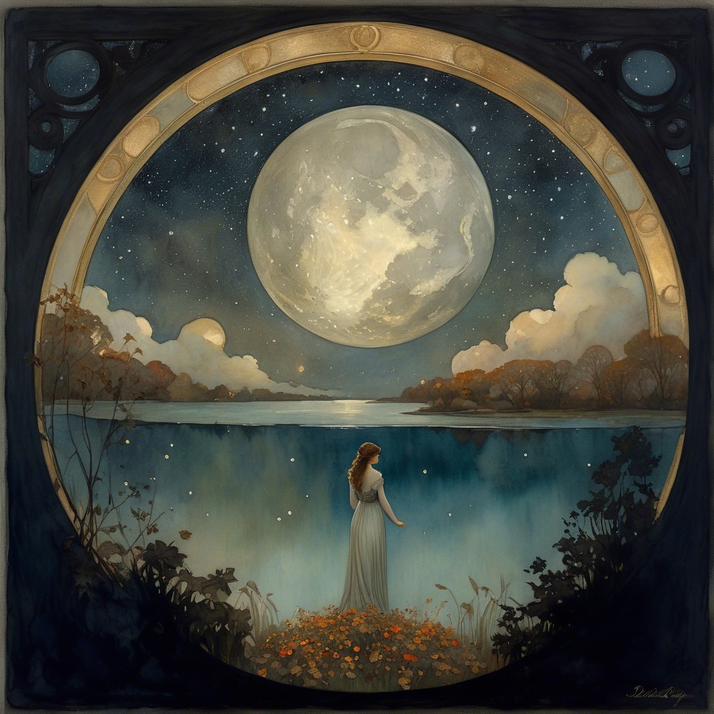 Serene Night Scene with Woman by Tranquil Lake