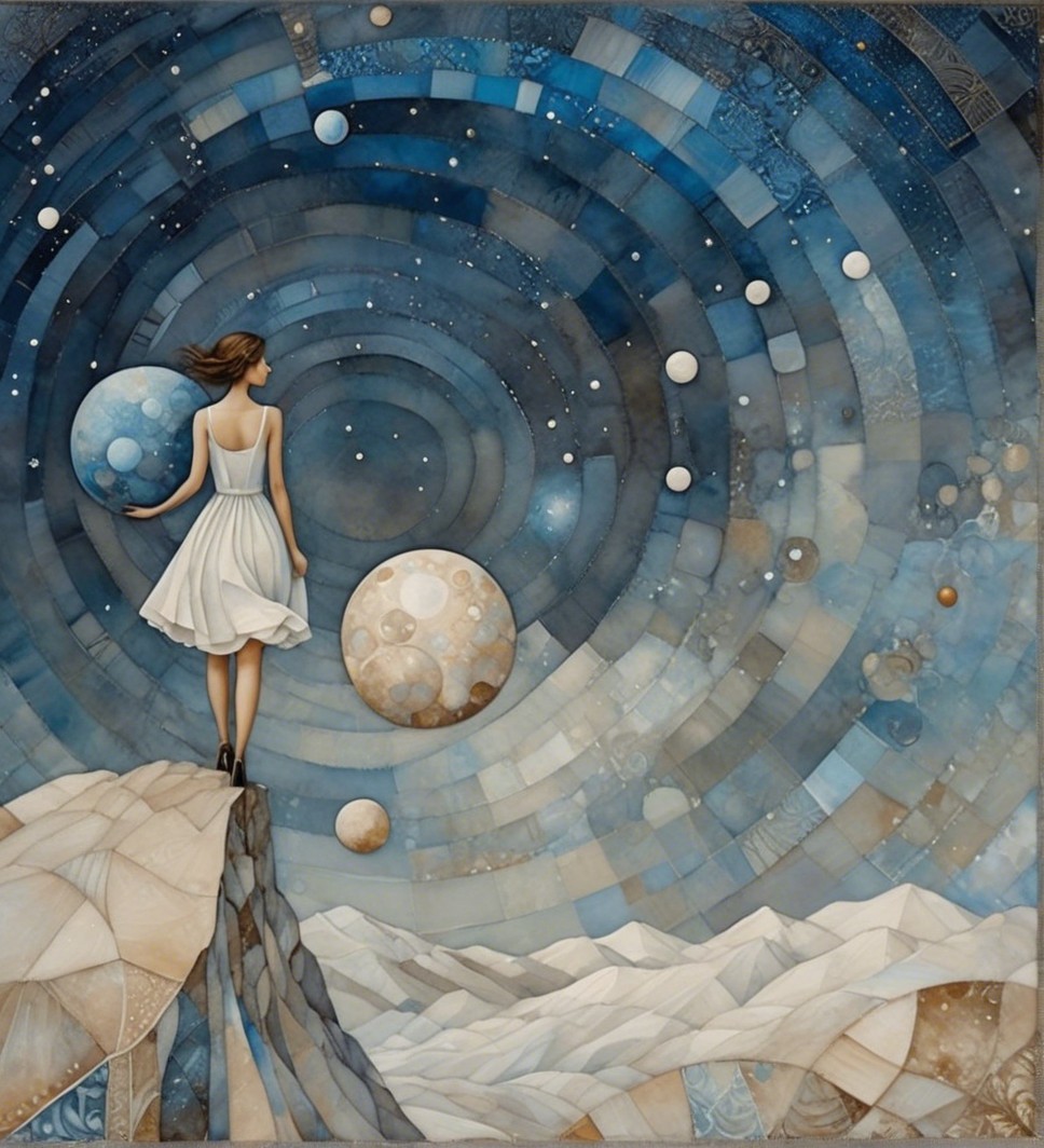 Figure in White Dress Gazing at Cosmic Landscape