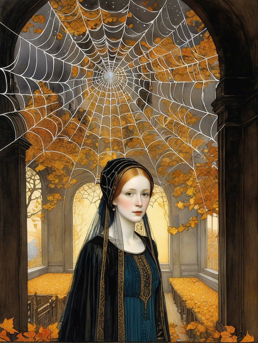 Serene Woman in Historical Attire Beneath Spiderweb