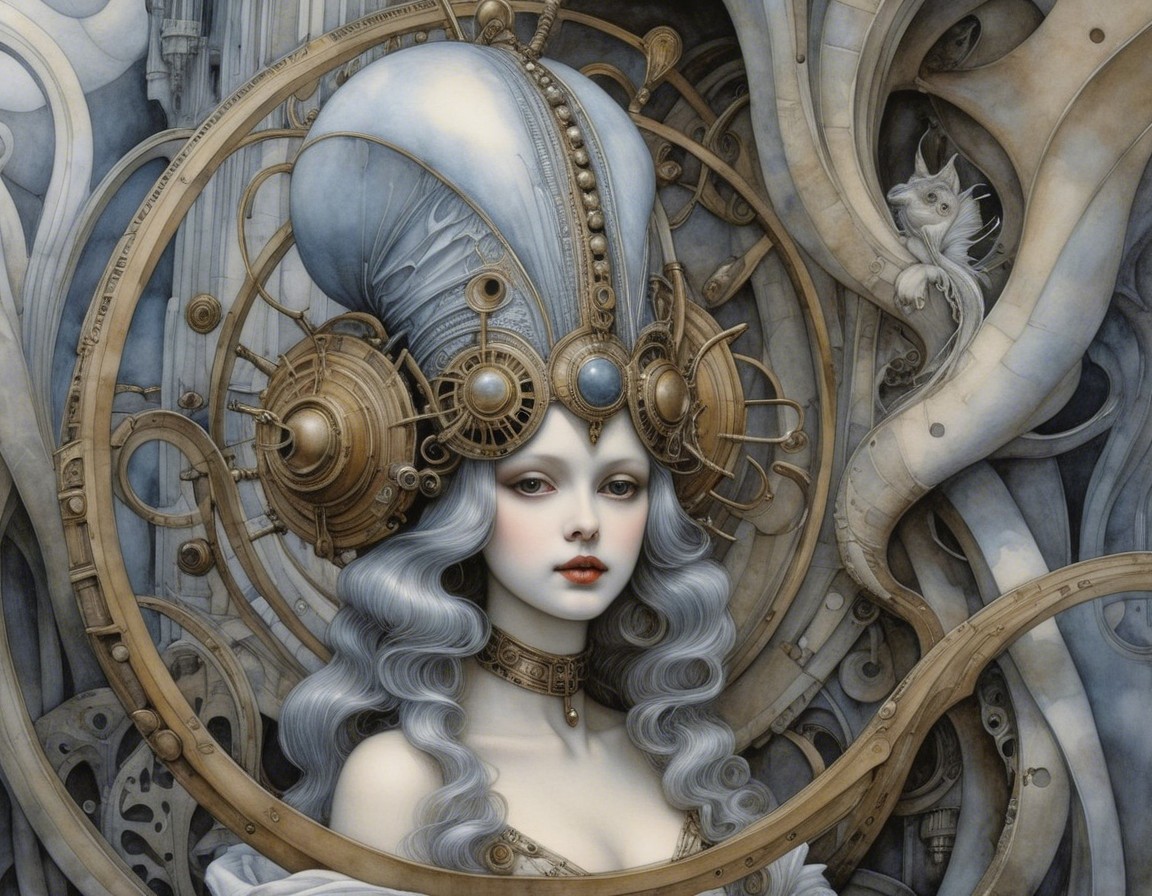 Futuristic Figure with Silver Hair and Headdress