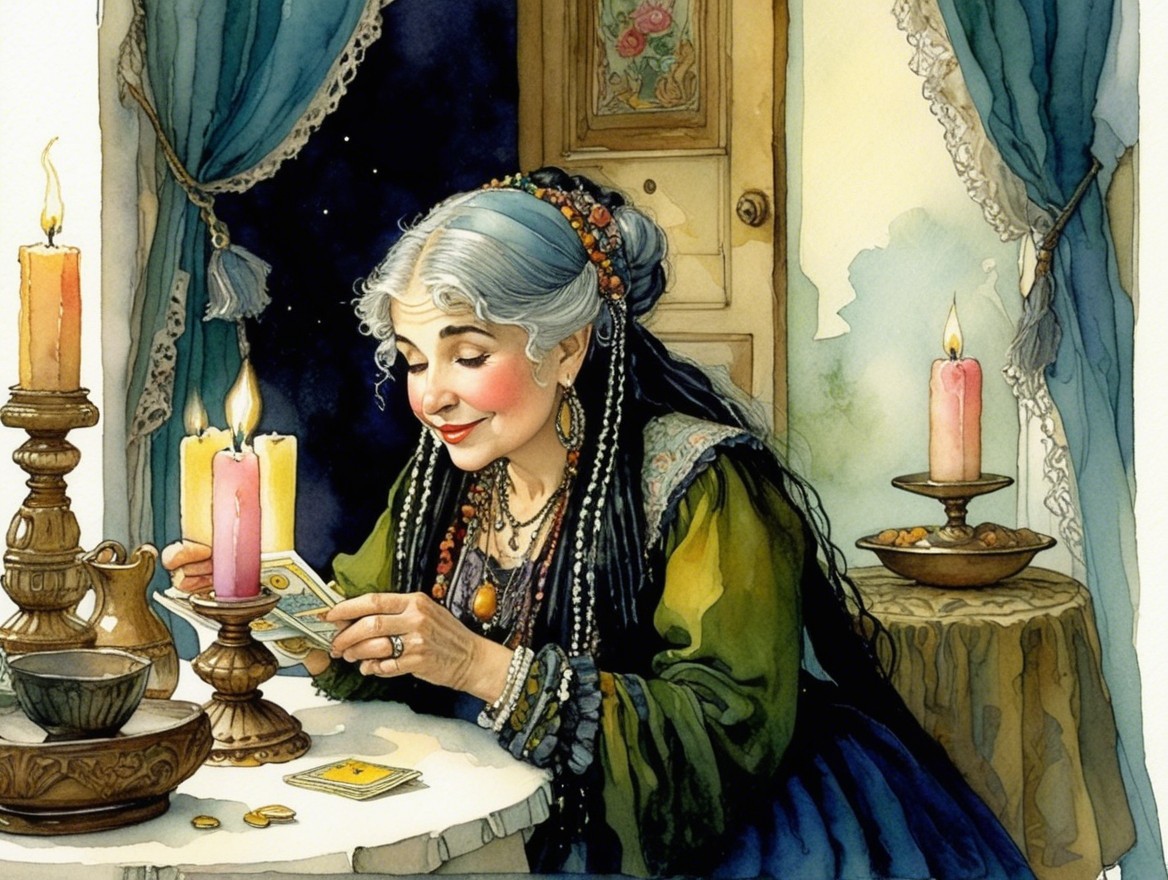 Elderly Woman Reading Tarot Cards in Cozy Setting
