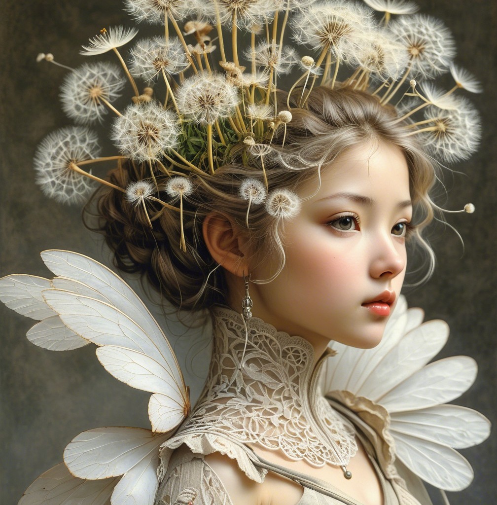 Delicate Maiden with Butterfly Wings and Dandelion Crown