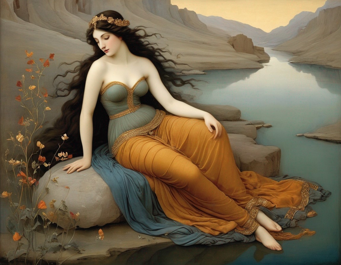Serene Figure by Calm River in Flowing Garments