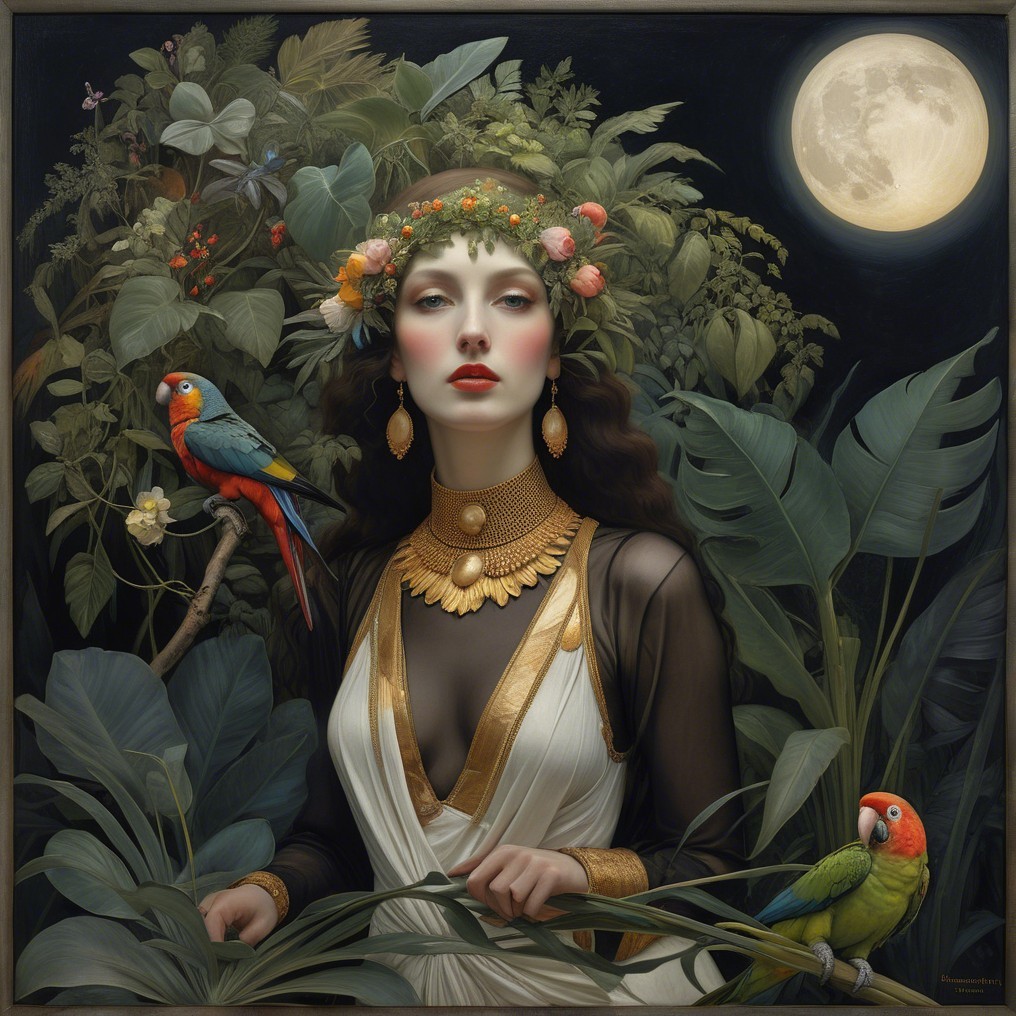 Elegant woman in gown with jewelry in tropical setting