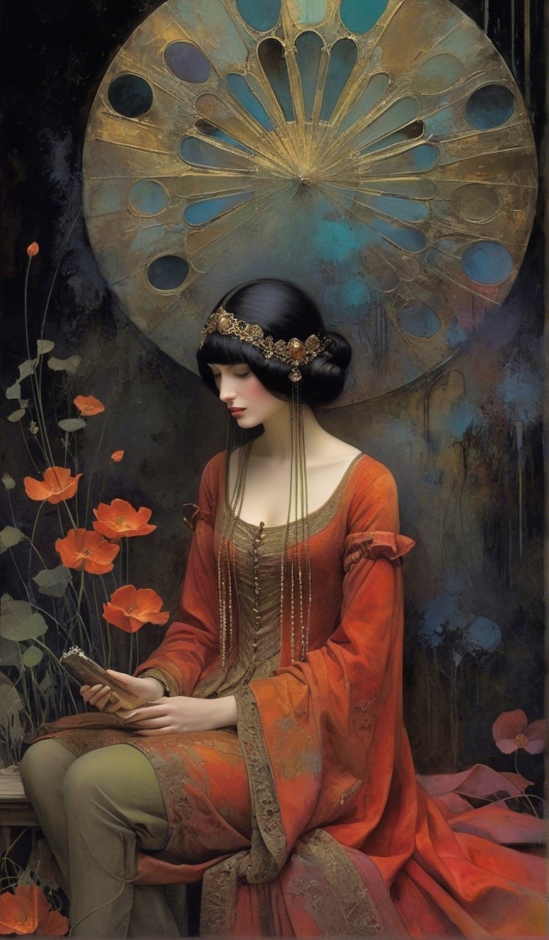 Serene Woman in Orange Gown Surrounded by Poppies