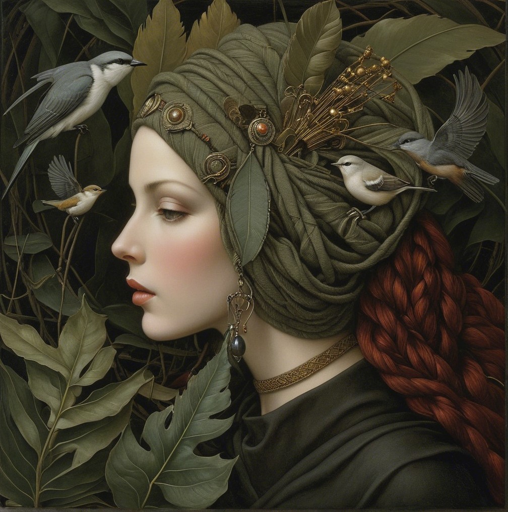 Serene woman in green turban with birds and foliage