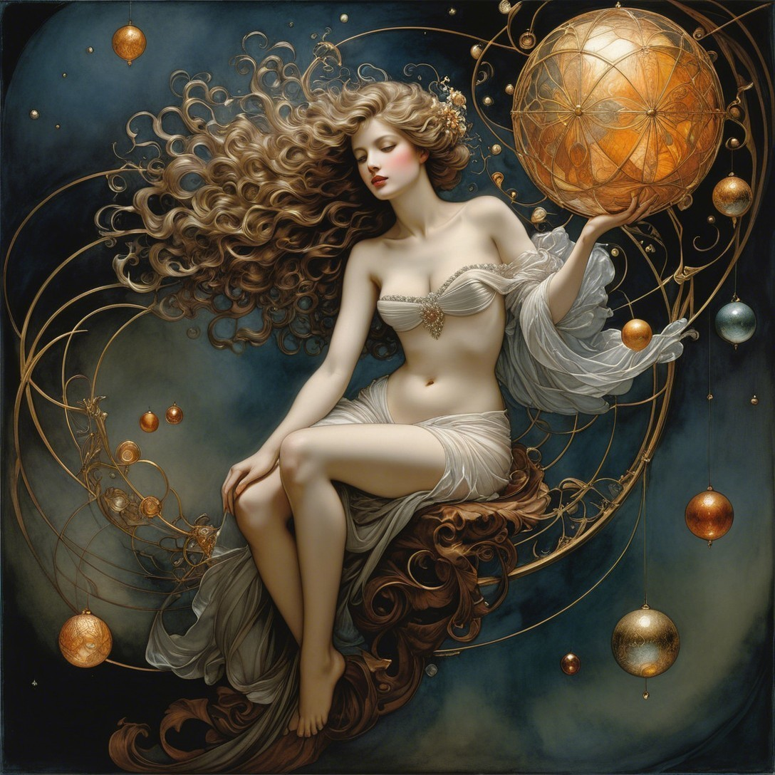 Detailed Painting of a Woman with Golden Hair and Sphere