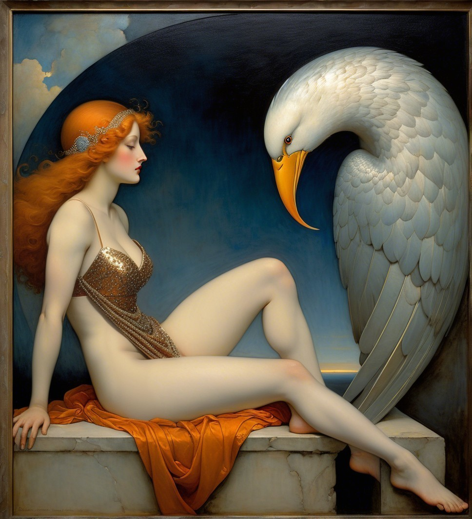Elegant figure in gold dress with swan at twilight