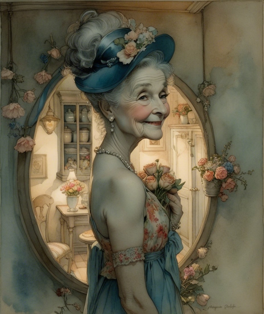 Elderly Woman in Floral Dress with Bouquet in Vintage Room