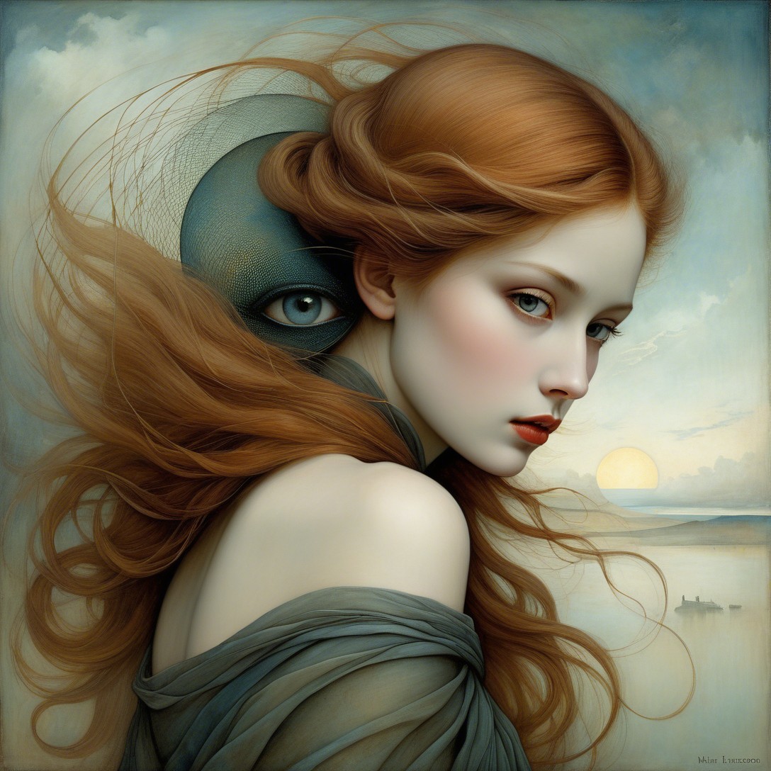 Portrait of a Young Woman with Flowing Hair and Landscape