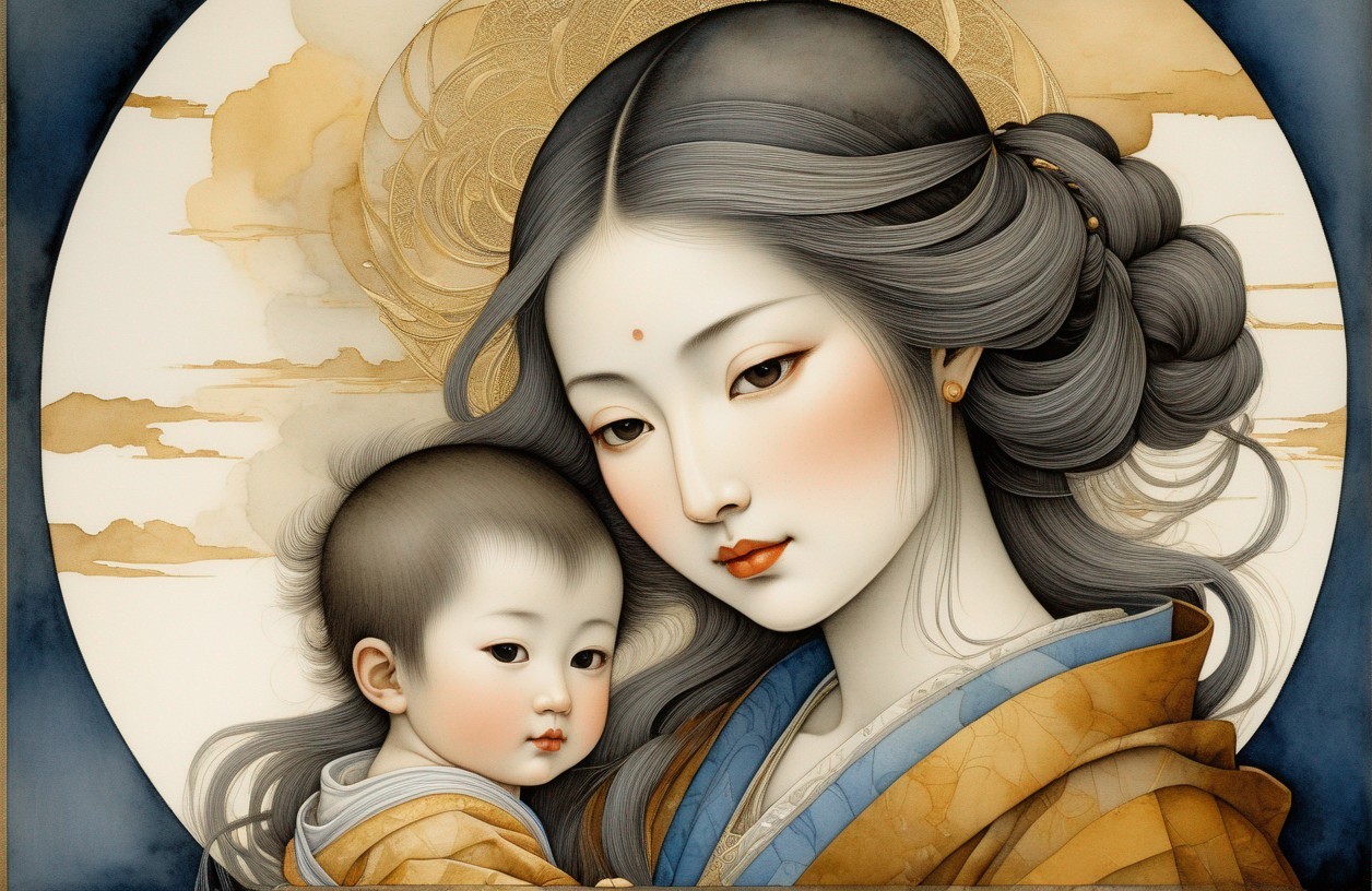 Illustration of a woman and child on gold backdrop