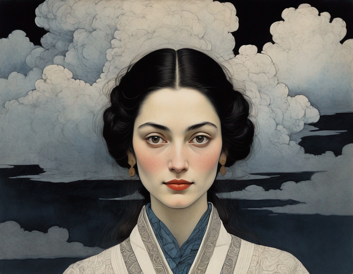 Woman in Traditional Garment Against Dark Cloudy Sky