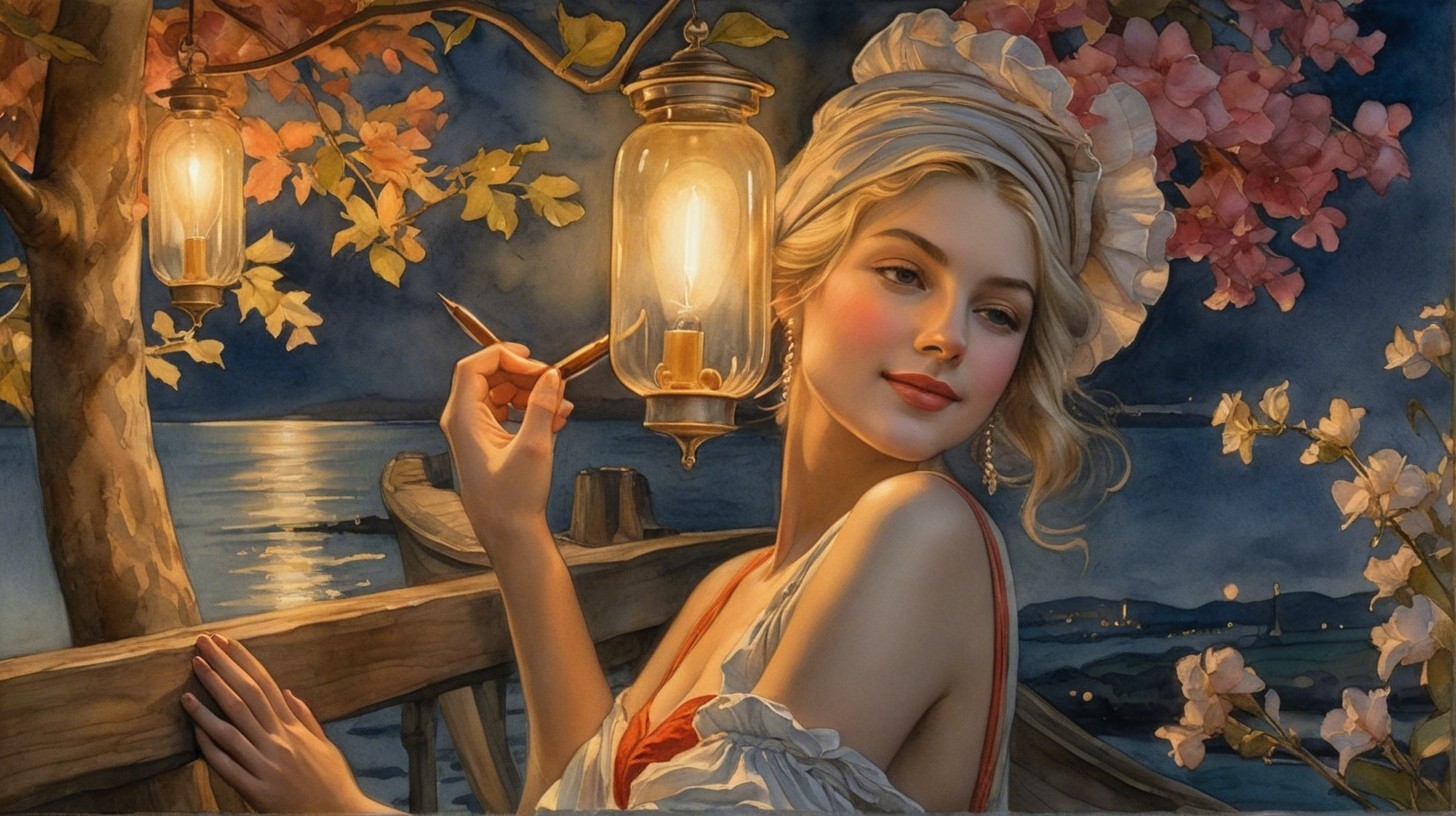 Serene Night Scene with Woman by Waterfront and Blossoms