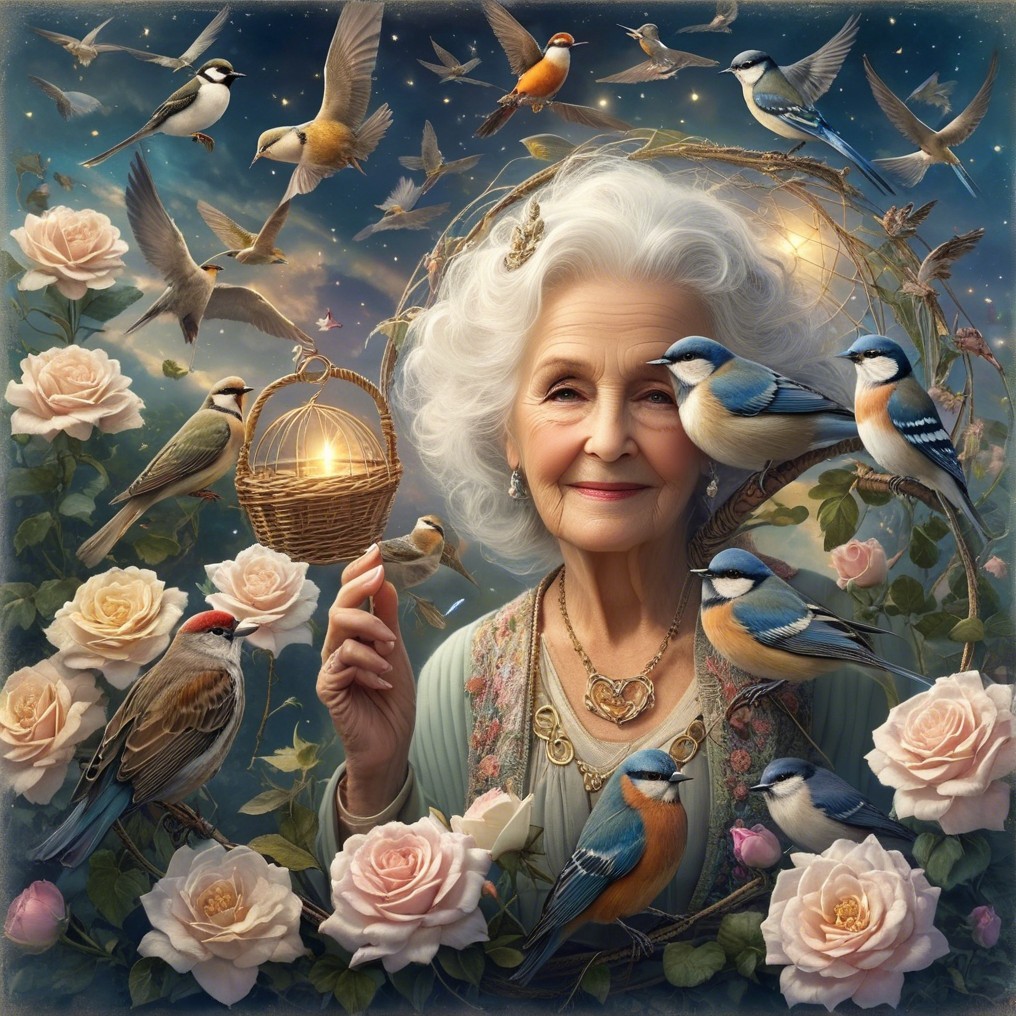 Elderly Woman with Birds and Roses Under Starry Sky