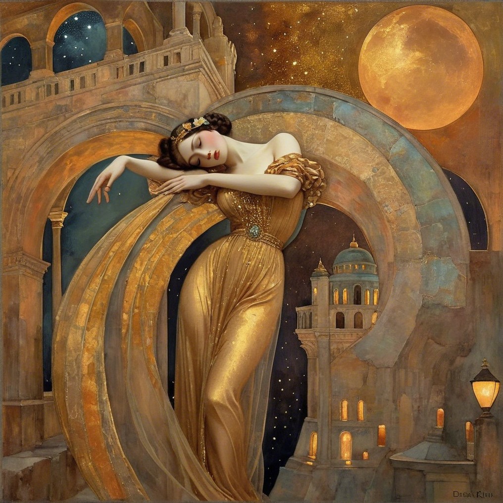 Elegant figure in golden gown under glowing moonlight