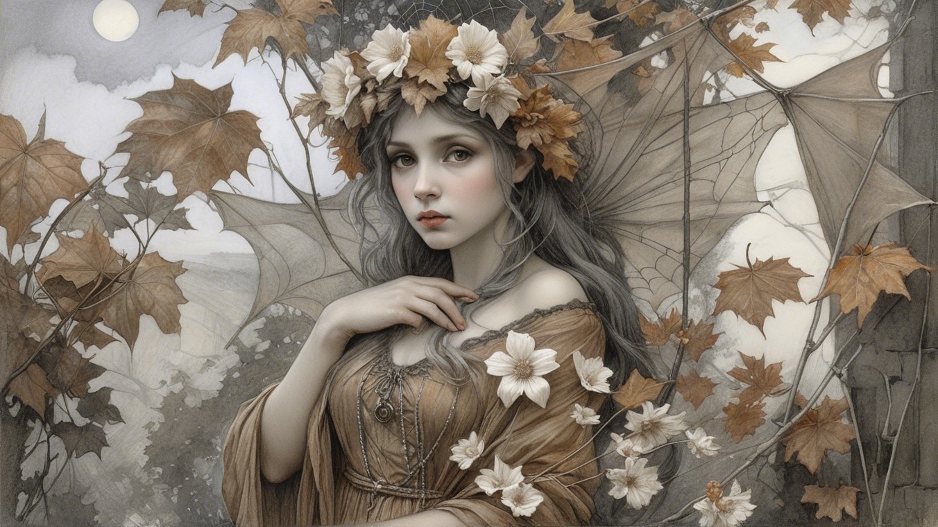 Mystical Figure Surrounded by Autumn Leaves and Flowers