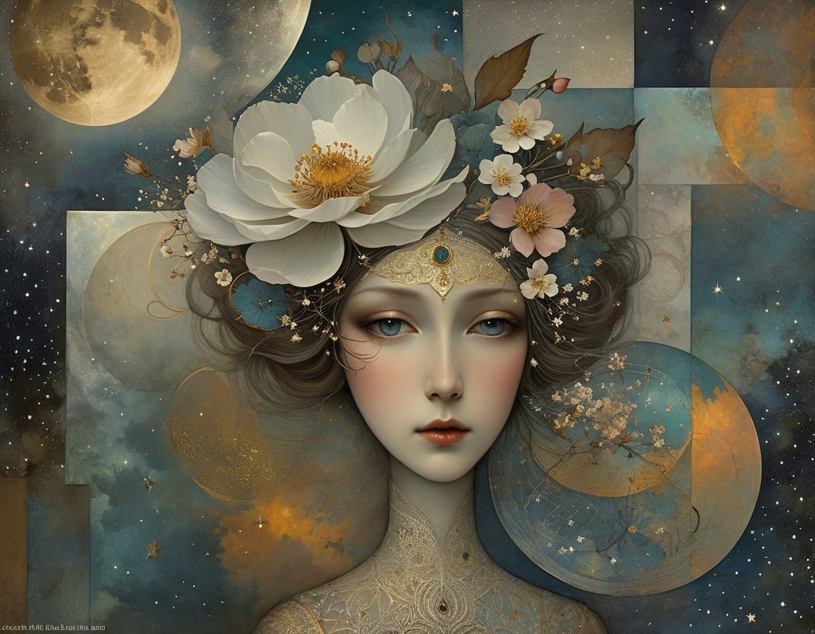 Ethereal Figure with Floral Headdress in Pastel Background