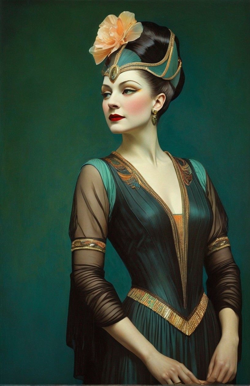 Stylized portrait of woman in teal dress with gold trim and feathered hair accessory