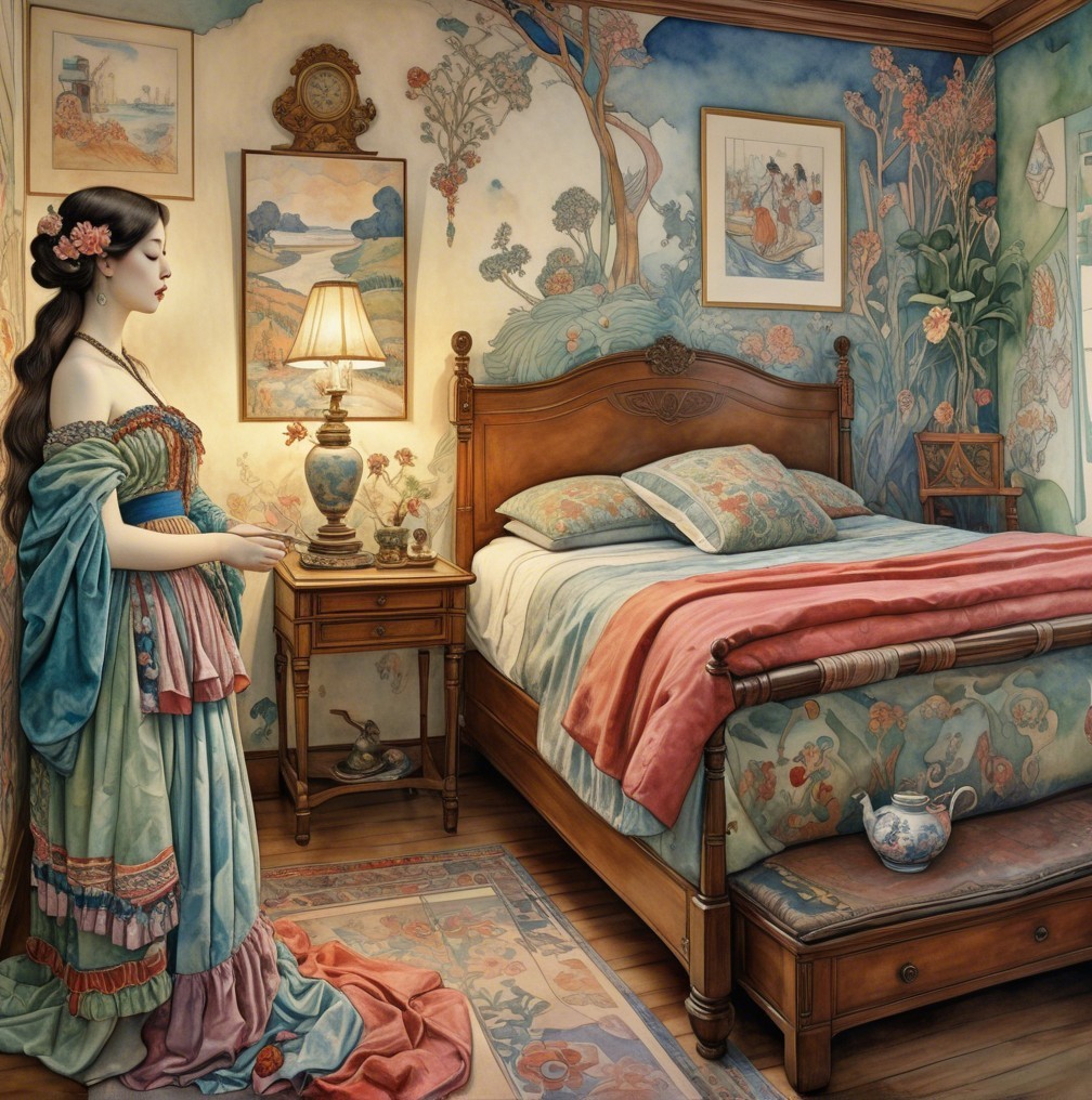 Decorated Bedroom with Floral Wallpaper and Artwork