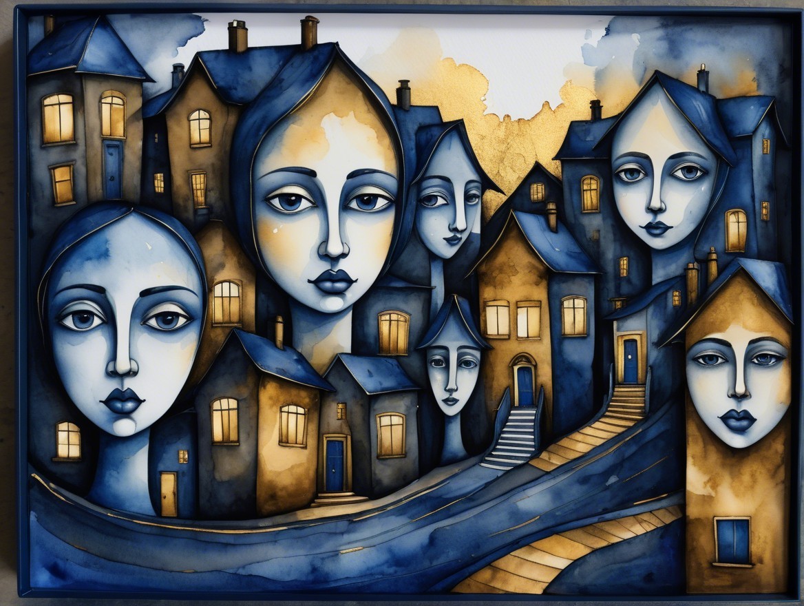 Surreal Artwork of Human Faces and Abstract Houses