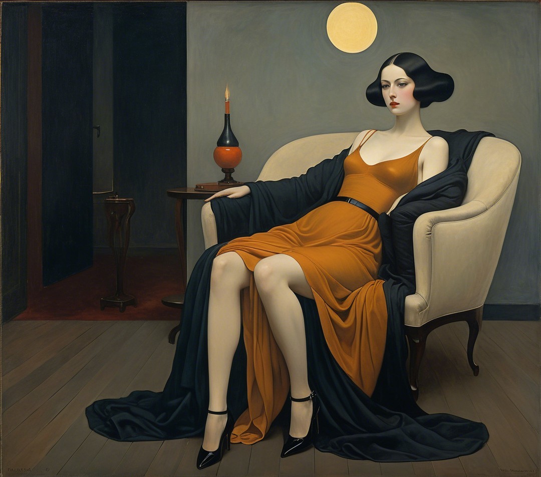 Elegant Woman in Orange Gown on Cream Armchair