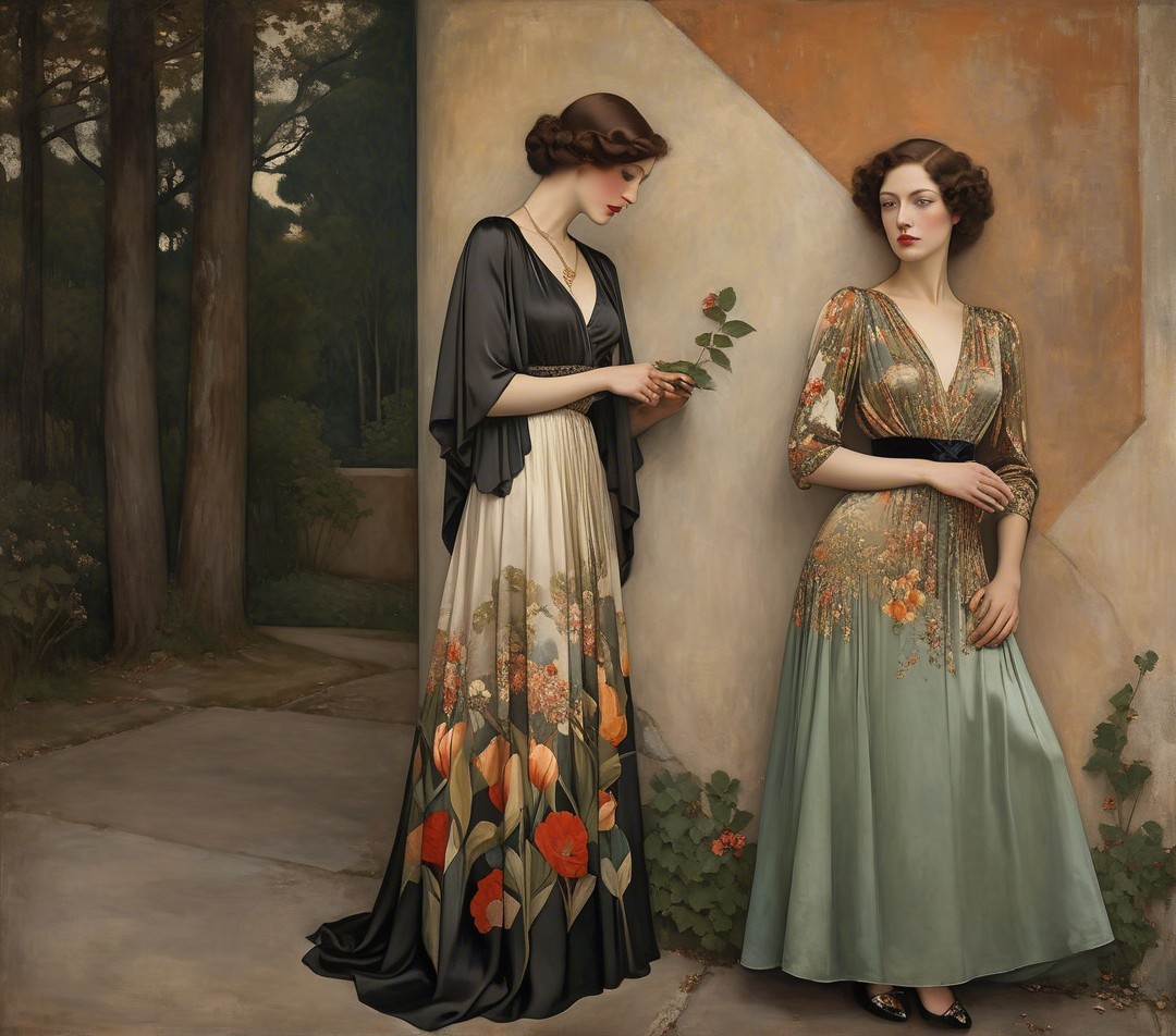 Elegant Women in Vintage Gowns in Outdoor Setting