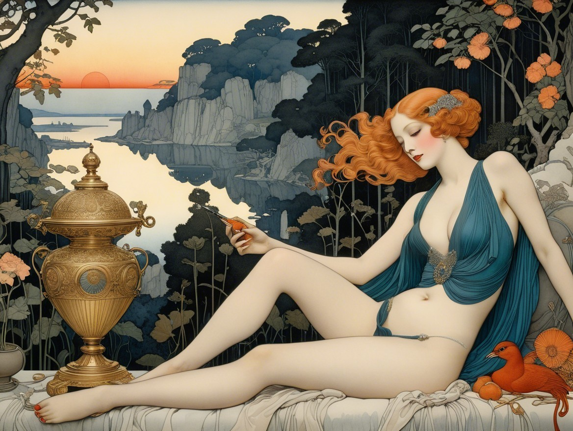 Woman with Red Hair by Tranquil Lake at Sunset