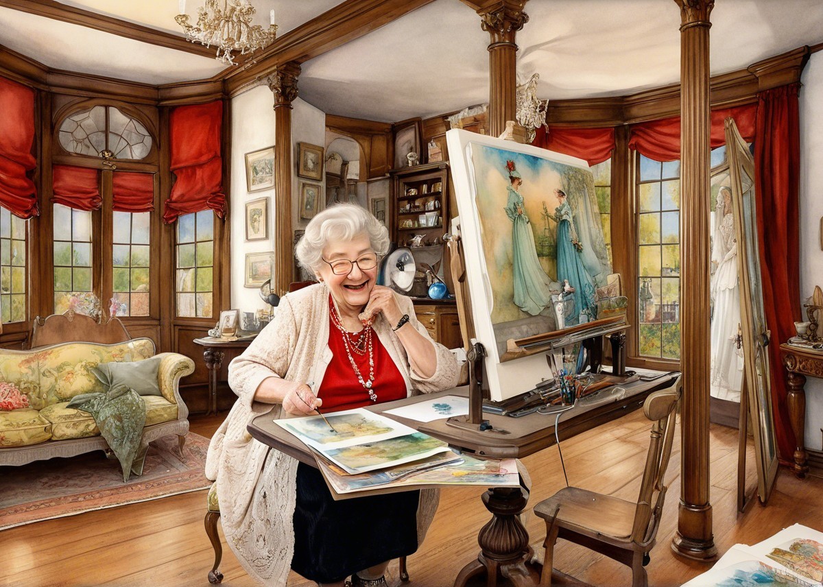 Elderly Woman in Art Studio Surrounded by Paintings