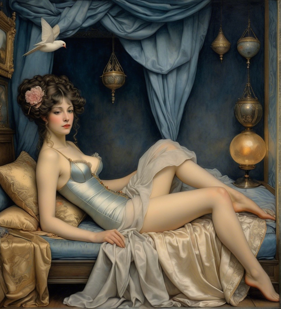 Elegant Woman on Plush Couch with Dove and Silk Fabrics