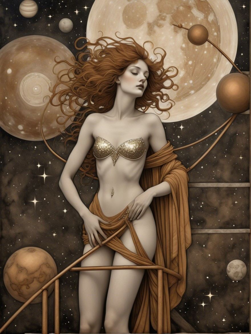 Celestial Figure with Red Hair in Starry Sky Setting