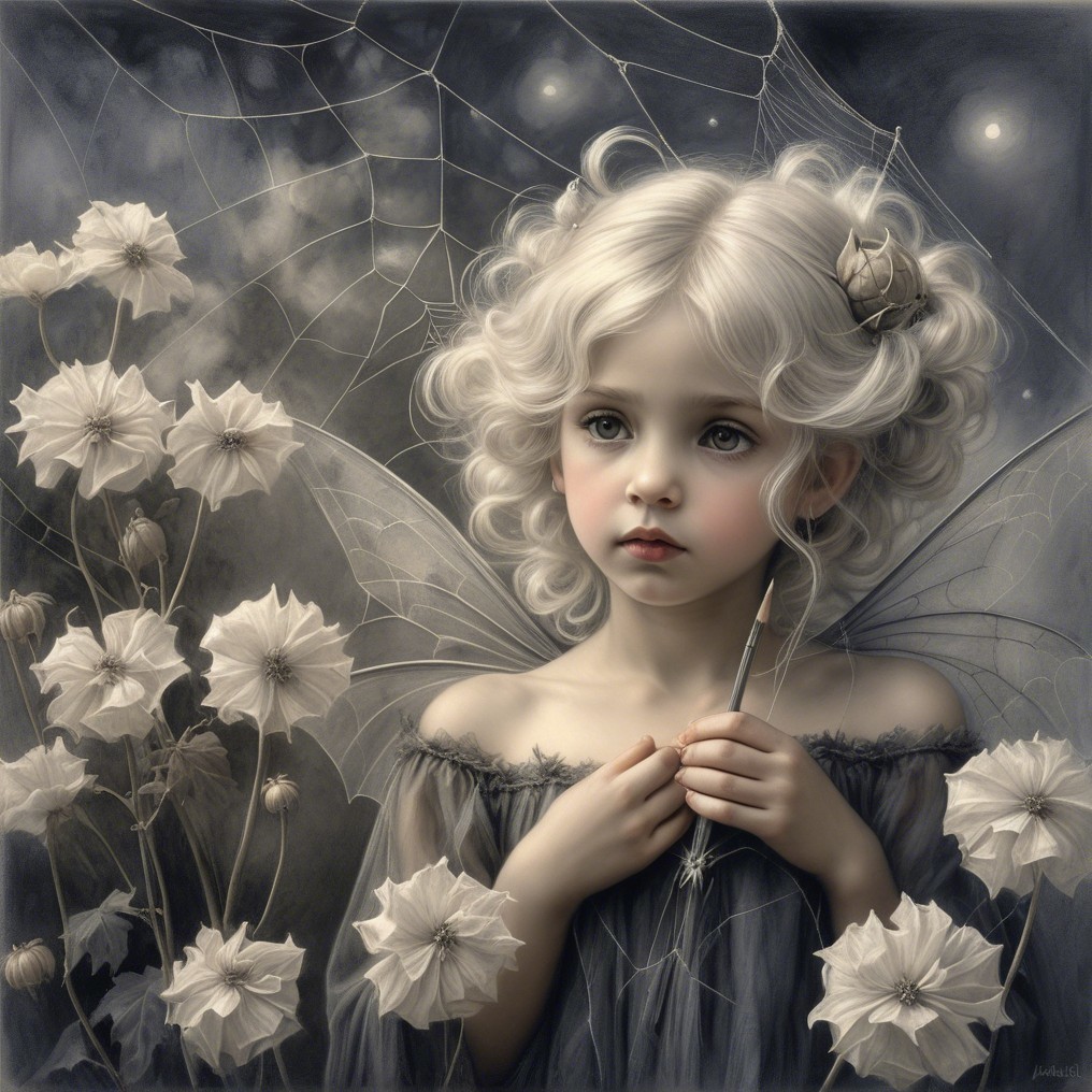 Fairy Girl with Wings Surrounded by Ethereal Flowers