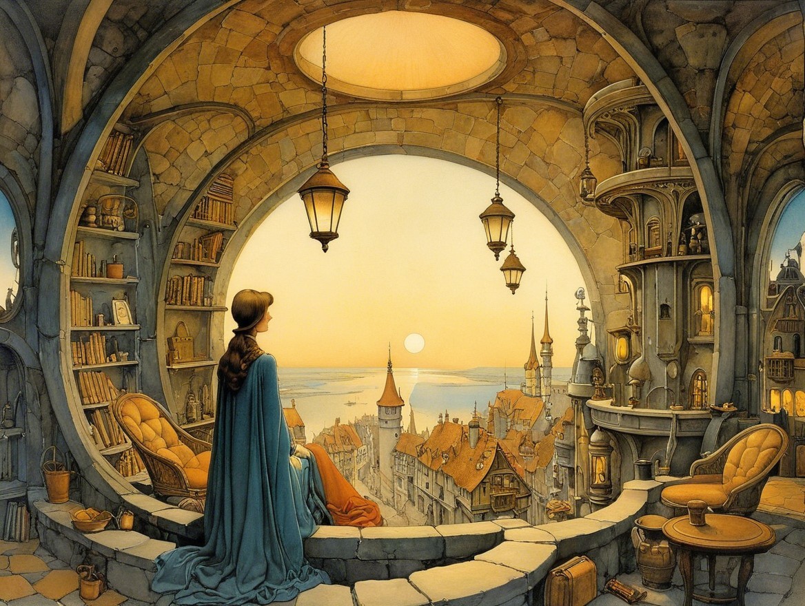 Young Woman by Circular Window in Cozy Interior