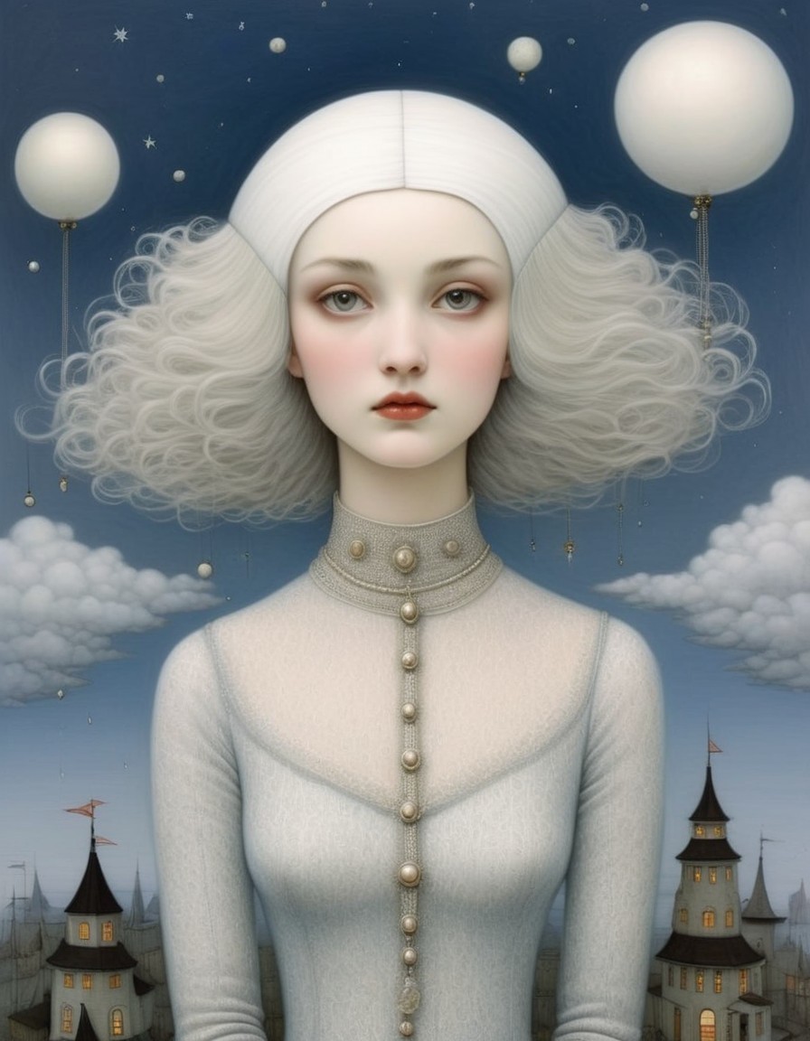 Surreal Portrait of Woman with Gray Hair and Balloons