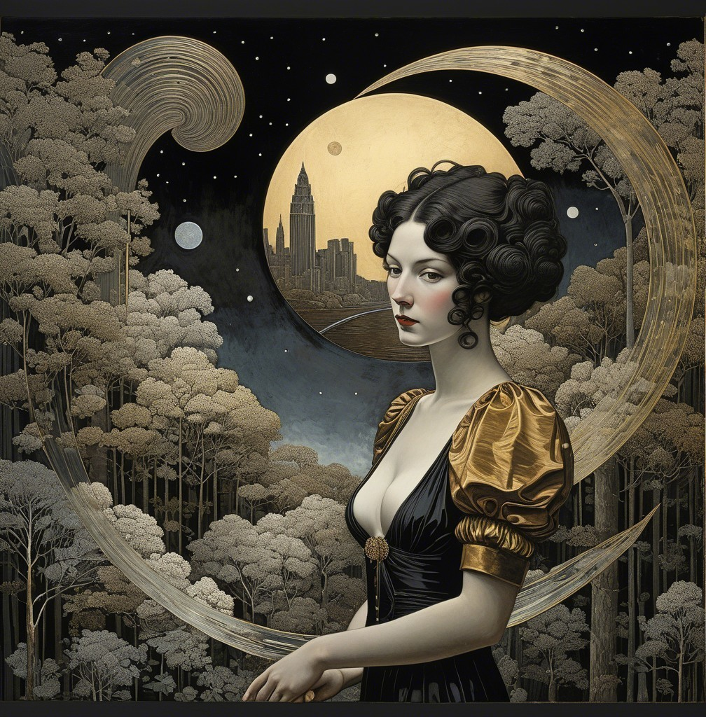 Elegant Woman in Golden and Black Gown Against Night Sky
