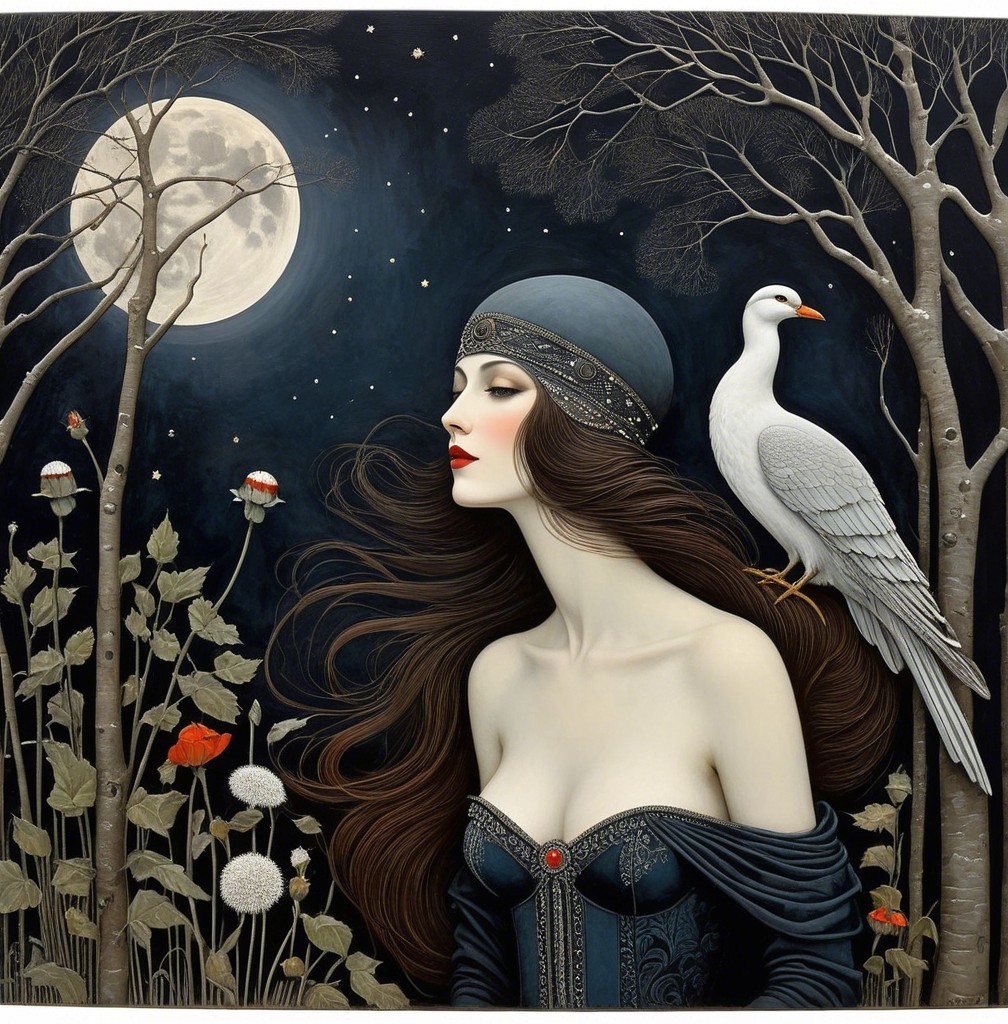 Serene woman in blue gown with dove in moonlit forest